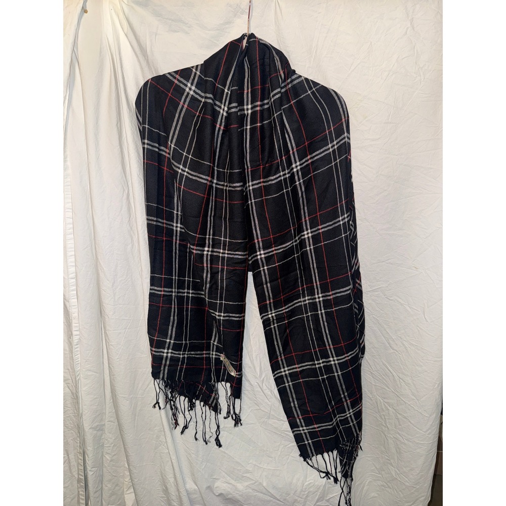 Black Plaid Scarf Red White Tartan Check Fringe Trim Lightweight Wrap Accessory
